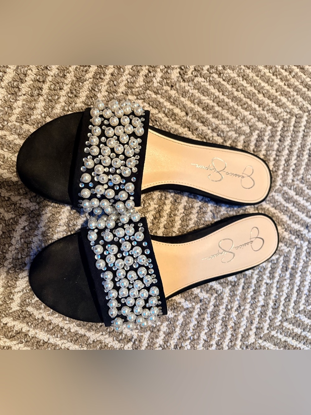 Jessica Simpson Black Pearl-Embellished Slide Mules